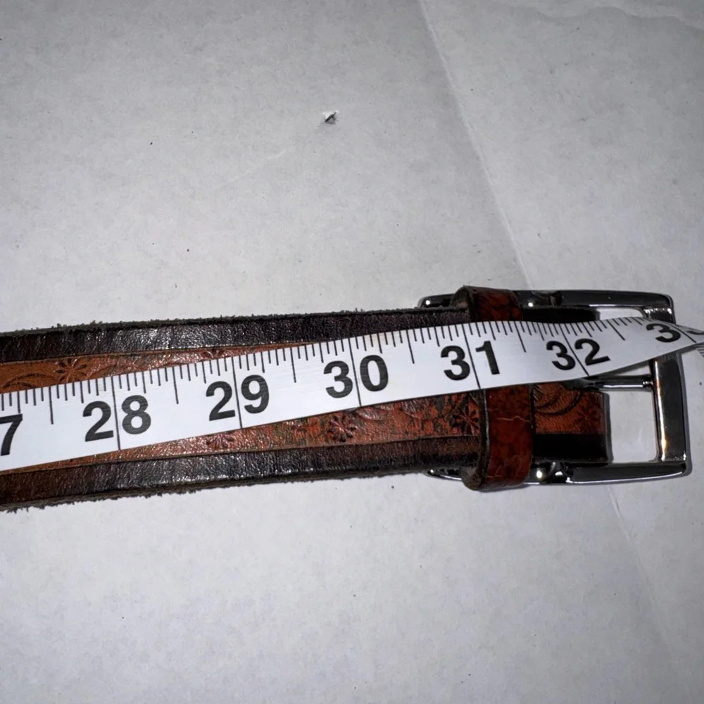Vintage Leather Belt w/ Silvertone Buckle Marked Solid Brass Tooled Leather 32”